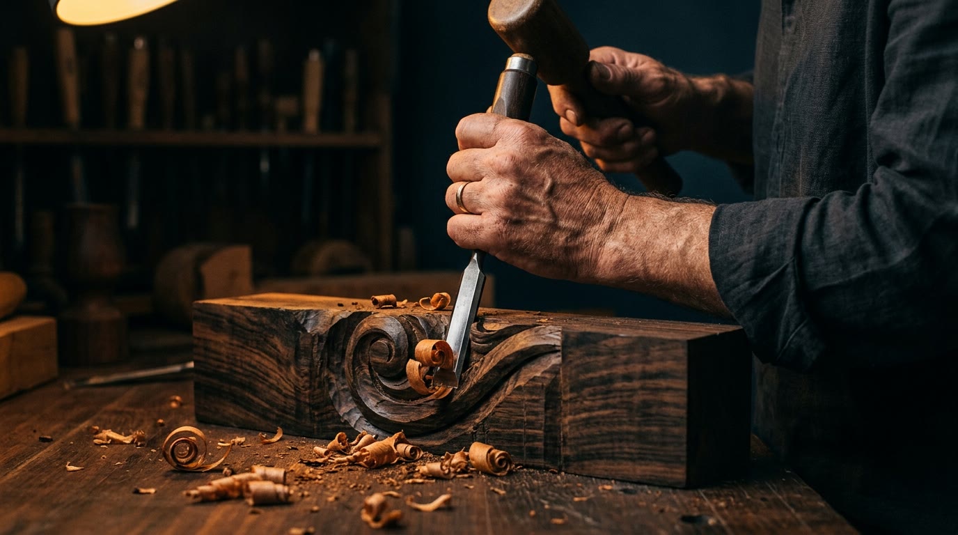 Bastidores do ateliê HÖRZ — mãos esculpindo madeira
