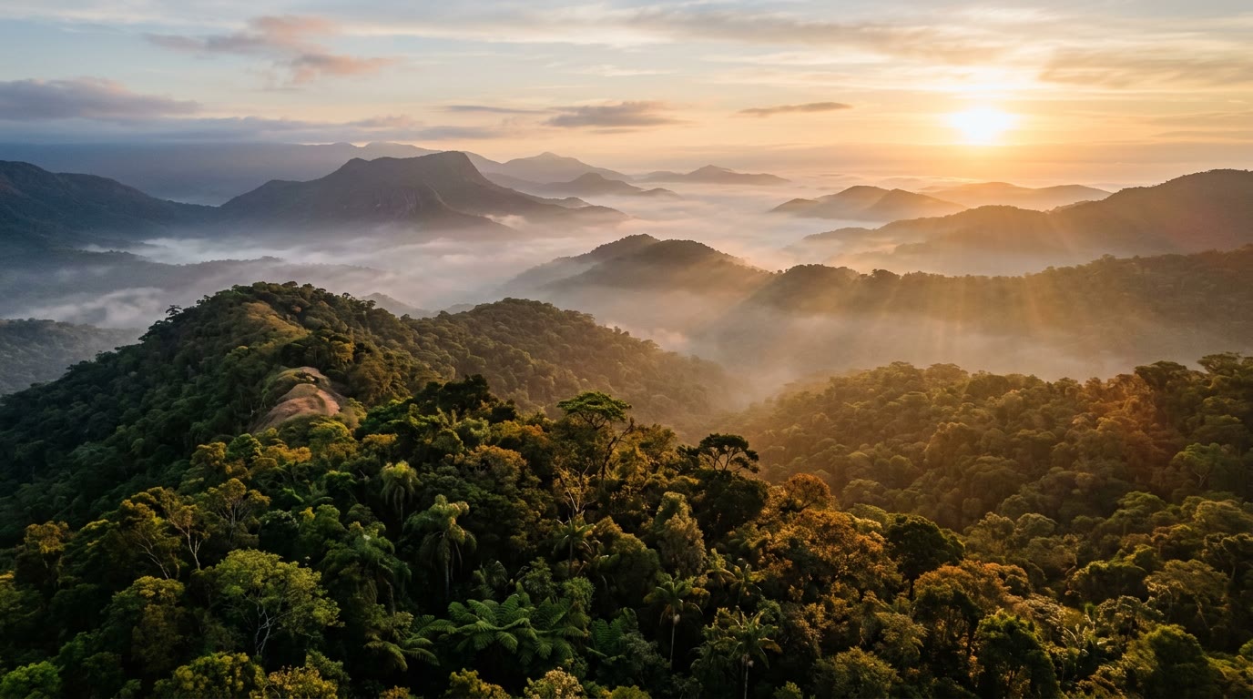 Floresta ao amanhecer — projeto Raízes do Tempo